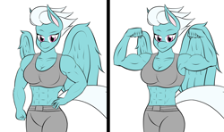 Size: 2520x1490 | Tagged: safe, artist:calm wind, artist:matchstickman, character:fleetfoot, species:anthro, 1000 years in photoshop, abs, armpits, biceps, breasts, cleavage, clothing, female, fleetflex, flexing, midriff, muscles, solo, sports bra, workout outfit