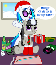 Size: 1100x1280 | Tagged: safe, artist:scramjet747, character:dj pon-3, character:octavia melody, character:vinyl scratch, bow (instrument), christmas, clothing, duo, hat, necktie, pan galactic gargle blaster, present, record, santa hat, socks, sunglasses