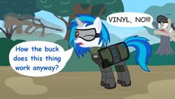 Size: 1600x900 | Tagged: safe, artist:scramjet747, character:dj pon-3, character:octavia melody, character:vinyl scratch, armor, assault rifle, aug, buck, comic sans, goggles, gun, rifle, shield, steyr aug, text, this will end in tears, this will end in tears and/or death, too dumb to live