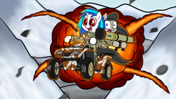 Size: 1920x1080 | Tagged: safe, artist:scramjet747, character:dj pon-3, character:octavia melody, character:vinyl scratch, atv, clothing, explosion, open mouth, rocket launcher, vehicle