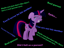 Size: 2592x1936 | Tagged: safe, artist:eagc7, character:twilight sparkle, character:twilight sparkle (alicorn), species:alicorn, species:pony, episode:father knows beast, g4, my little pony: friendship is magic, black background, crying, darkness, feels, female, heartbreak, implied spike, inner thoughts, mama twilight, mare, sad, simple background, solo