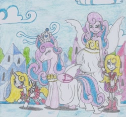 Size: 1438x1333 | Tagged: safe, artist:nephilim rider, character:princess flurry heart, oc, parent:oc:shimmering glow, parent:princess flurry heart, parents:canon x oc, species:alicorn, species:pony, my little pony:equestria girls, alicorn oc, belly, chibiusa tsukino, child, clothing, cosplay, costume, equestria girls-ified, eyes closed, female, filly, flying, holding hands, human ponidox, mama flurry, mother and child, mother and daughter, multiple pregnancy, neo queen serenity, offspring, offspring's offspring, older, older flurry heart, ponidox, pregnant, queen serenity, sailor moon, self ponidox, smiling, traditional art