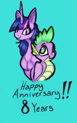 Size: 675x1072 | Tagged: safe, artist:pantheracantus, character:spike, character:twilight sparkle, happy anniversary, happy birthday mlp:fim, mlp fim's eighth anniversary