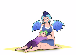 Size: 4011x2939 | Tagged: safe, artist:franschesco, character:princess ember, character:spike, species:human, ship:emberspike, barefoot, breasts, busty princess ember, eyes closed, feet, female, hug, humanized, male, shipping, sitting, straight, winged humanization, wings