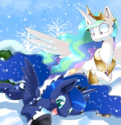 Size: 900x930 | Tagged: dead source, safe, artist:oze, character:princess celestia, character:princess luna, species:alicorn, species:pony, cute, duo, duo female, female, lunabetes, mare, snow, snowfall, winter