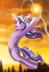 Size: 616x900 | Tagged: safe, artist:lifejoyart, character:starlight glimmer, species:pony, species:unicorn, armpits, blurred background, chest fluff, commission, digital art, female, fireball, glowing horn, happy, jumping, mare, open mouth, signature, smiling, sunset, wavy mane, ych result
