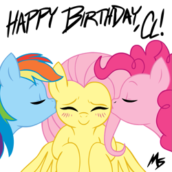 Size: 945x945 | Tagged: safe, artist:deeriojim, artist:megasweet, character:fluttershy, character:pinkie pie, character:rainbow dash, ship:flutterdash, ship:flutterpie, birthday, female, kissing, lesbian, polyamory, shipping