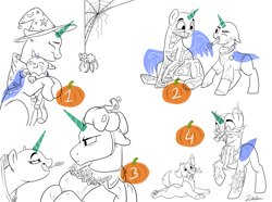 Size: 1280x954 | Tagged: safe, artist:rutkotka, oc, species:pony, advertisement, candy, cat, clothing, commission, costume, female, filly, food, funny, halloween, holiday, male, mare, mother, pumpkin, skeleton costume, spider, spider web, stallion, surgeon, timber wolf, witch, your character here
