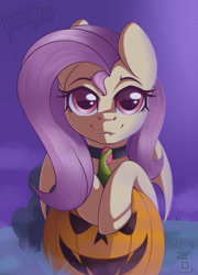 Size: 1280x1773 | Tagged: safe, artist:php97, character:flutterbat, character:fluttershy, species:bat pony, species:pony, female, halloween, holiday, jack-o-lantern, pumpkin, race swap, solo
