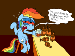 Size: 3251x2438 | Tagged: safe, artist:dragonboi471, character:rainbow dash, species:pony, alcohol, beer, bottle, dashaholic, drunk, drunk bubbles, drunker dash, female, mug, red eyes, solo, story included