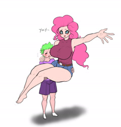 Size: 2614x2737 | Tagged: safe, artist:franschesco, character:pinkie pie, character:spike, species:human, ship:pinkiespike, armpits, barefoot, big breasts, breasts, busty pinkie pie, clothing, feet, female, holding, huge breasts, humanized, legs, male, shipping, shirt, shorts, sleeveless, socks, straight, thighs