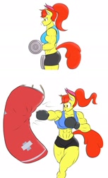 Size: 1177x1920 | Tagged: safe, artist:matchstickman, character:apple bloom, species:anthro, species:earth pony, species:pony, abs, apple bloom's bow, apple brawn, armpits, bicep curls, biceps, bow, boxing, boxing gloves, breasts, busty apple bloom, clothing, deltoids, dumbbell (object), exercise, female, gym clothes, gym shorts, hair bow, mare, matchstickman's apple brawn series, midriff, muscles, older, older apple bloom, punching bag, simple background, solo, sports, sports bra, sweat, thunder thighs, triceps, tumblr:where the apple blossoms, white background, workout