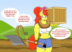 Size: 1280x928 | Tagged: safe, artist:matchstickman, character:apple bloom, species:anthro, species:earth pony, species:pony, abs, apple brawn, axe, biceps, breasts, busty apple bloom, clothing, crate, deltoids, dialogue, farm, female, fingerless gloves, gloves, looking at you, mare, matchstickman's apple brawn series, muscles, older, older apple bloom, short jeans, solo, talking to viewer, thunder thighs, triceps, tumblr, tumblr comic, tumblr:where the apple blossoms, weapon, yoke