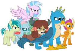 Size: 2933x2010 | Tagged: safe, artist:sonofaskywalker, character:gallus, character:ocellus, character:sandbar, character:silverstream, character:smolder, character:yona, species:changeling, species:classical hippogriff, species:dragon, species:earth pony, species:griffon, species:hippogriff, species:pony, species:reformed changeling, species:yak, episode:school raze, g4, my little pony: friendship is magic, angry, bow, claws, cloven hooves, colored hooves, cutie mark, dragoness, female, fierce, fist, full body, hair bow, jewelry, male, monkey swings, necklace, paws, simple background, student six, teenager, transparent background, vector, wings