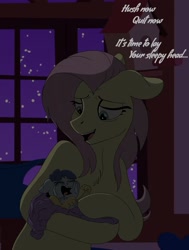 Size: 1392x1846 | Tagged: safe, artist:pastel-charms, character:fluttershy, oc, oc:low-key paradox, parent:discord, parent:fluttershy, parents:discoshy, baby, baby draconequus, crying, female, holding, hush now quiet now, hybrid, interspecies offspring, lullaby, male, mother and son, night, offspring