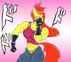 Size: 1280x1118 | Tagged: safe, artist:matchstickman, character:apple bloom, species:anthro, species:earth pony, species:pony, abs, apple bloom's bow, apple brawn, biceps, bow, breasts, busty apple bloom, caesar zeppeli, clothing, deltoids, female, fingerless gloves, gloves, gradient background, hair bow, japanese, jeans, jojo pose, jojo's bizarre adventure, joseph joestar, mare, matchstickman's apple brawn series, muscles, older, older apple bloom, pants, pink background, simple background, solo, tank top, triceps, tumblr comic, tumblr:where the apple blossoms