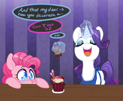 Size: 670x550 | Tagged: safe, artist:lolopan, character:pinkie pie, character:rarity, apron, clothing, cupcake, food, food art, hungry, magic, table