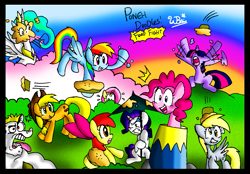 Size: 1163x809 | Tagged: safe, artist:neoncabaret, character:apple bloom, character:applejack, character:bulk biceps, character:derpy hooves, character:fluttershy, character:pinkie pie, character:princess celestia, character:rainbow dash, character:rarity, character:twilight sparkle, species:pegasus, species:pony, female, fight, food, food fight, mare, pony cannonball