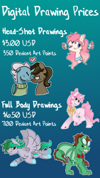 Size: 1080x1920 | Tagged: safe, artist:redpalette, oc, species:dragon, species:pegasus, species:pony, species:unicorn, cellshaded, clothing, commission, cute, glasses, heart, price list, scarf
