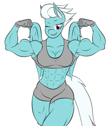 Size: 1435x1654 | Tagged: safe, artist:calm wind, artist:matchstickman, edit, character:fleetfoot, species:anthro, 1000 years in photoshop, abs, armpits, biceps, clothing, female, fleetflex, flexing, gloves, muscles, one eye closed, solo, sports bra, workout outfit