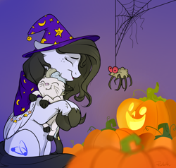 Size: 900x858 | Tagged: safe, artist:rutkotka, oc, oc only, oc:ground breaker, oc:tail, species:earth pony, species:pegasus, species:pony, animal costume, cat costume, clothing, costume, female, halloween, holiday, male, mother and son, witch, ych result