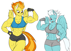 Size: 2349x1676 | Tagged: safe, artist:calm wind, artist:matchstickman, edit, character:fleetfoot, character:spitfire, species:anthro, 1000 years in photoshop, abs, armpits, biceps, breasts, busty fleetfoot, busty spitfire, cleavage, clothing, fitfire, fleetflex, flexing, gloves, midriff, muscles, one eye closed, sports bra, wonderbolts, workout outfit