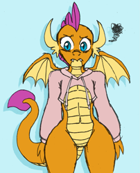 Size: 1221x1512 | Tagged: safe, artist:wootmaster, character:smolder, species:dragon, bottomless, clothing, dragoness, female, hoodie, open-chest hoodie, partial nudity, simple background, solo, wide hips