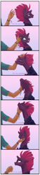 Size: 441x1920 | Tagged: safe, artist:candasaurus, character:tempest shadow, species:human, species:pony, species:unicorn, behaving like a cat, blushing, broken horn, chin scratch, comic, commission, cute, dawwww, eyes closed, female, floppy ears, horn, mare, petting, tempestbetes