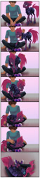 Size: 441x1920 | Tagged: safe, artist:candasaurus, character:tempest shadow, species:human, species:pony, species:unicorn, behaving like a cat, blushing, broken horn, comic, commission, curled up, cute, dawwww, eyes closed, female, hooves, horn, human female, lying down, male, mare, petting, sitting, sleeping, standing, tempestbetes