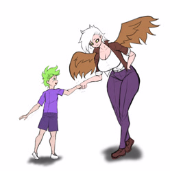 Size: 3692x3726 | Tagged: safe, artist:franschesco, character:gilda, character:spike, species:human, big breasts, breasts, brofist, busty gilda, cleavage, humanized, winged humanization, wings