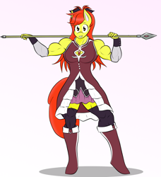 Size: 1280x1406 | Tagged: safe, artist:matchstickman, character:apple bloom, species:anthro, species:earth pony, species:plantigrade anthro, species:pony, apple brawn, biceps, breasts, busty apple bloom, clothing, cosplay, costume, deltoids, female, halloween, halloween costume, kyoko sakura, looking at you, magical girl, mare, matchstickman's apple brawn series, muscles, nightmare night costume, older, older apple bloom, pink background, puella magi madoka magica, sakura kyouko, simple background, solo, spear, tumblr comic, tumblr:where the apple blossoms, weapon