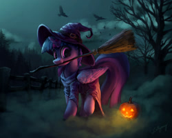 Size: 2000x1600 | Tagged: safe, artist:lollipony, character:twilight sparkle, character:twilight sparkle (alicorn), species:alicorn, species:bird, species:crow, species:pony, :3, broom, clothing, costume, cute, dark, dress, featured on derpibooru, female, fence, fog, forest, halloween, halloween costume, hat, holiday, horn, jack-o-lantern, looking at you, mare, mouth hold, night, nightmare night, nightmare night costume, nom, pose, pumpkin, raised hoof, raised leg, robe, scenery, silhouette, smiling, solo, spoopy, standing, tree, twiabetes, wing fluff, wings, witch, witch hat