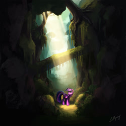 Size: 1500x1500 | Tagged: safe, artist:lollipony, character:twilight sparkle, character:twilight sparkle (alicorn), species:alicorn, species:pony, crepuscular rays, female, forest, mare, ravine, scenery, scenery porn, solo, sunlight, tree