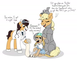 Size: 1760x1435 | Tagged: safe, artist:pastel-charms, character:applejack, oc, oc:apple butter, oc:lucky horseshoe, parent:applejack, parent:trouble shoes, parents:troublejack, species:pony, clothing, colt, costume, cute, female, filly, male, mommajack, nightmare night costume, offspring, overprotective, the wizard of oz, tin man