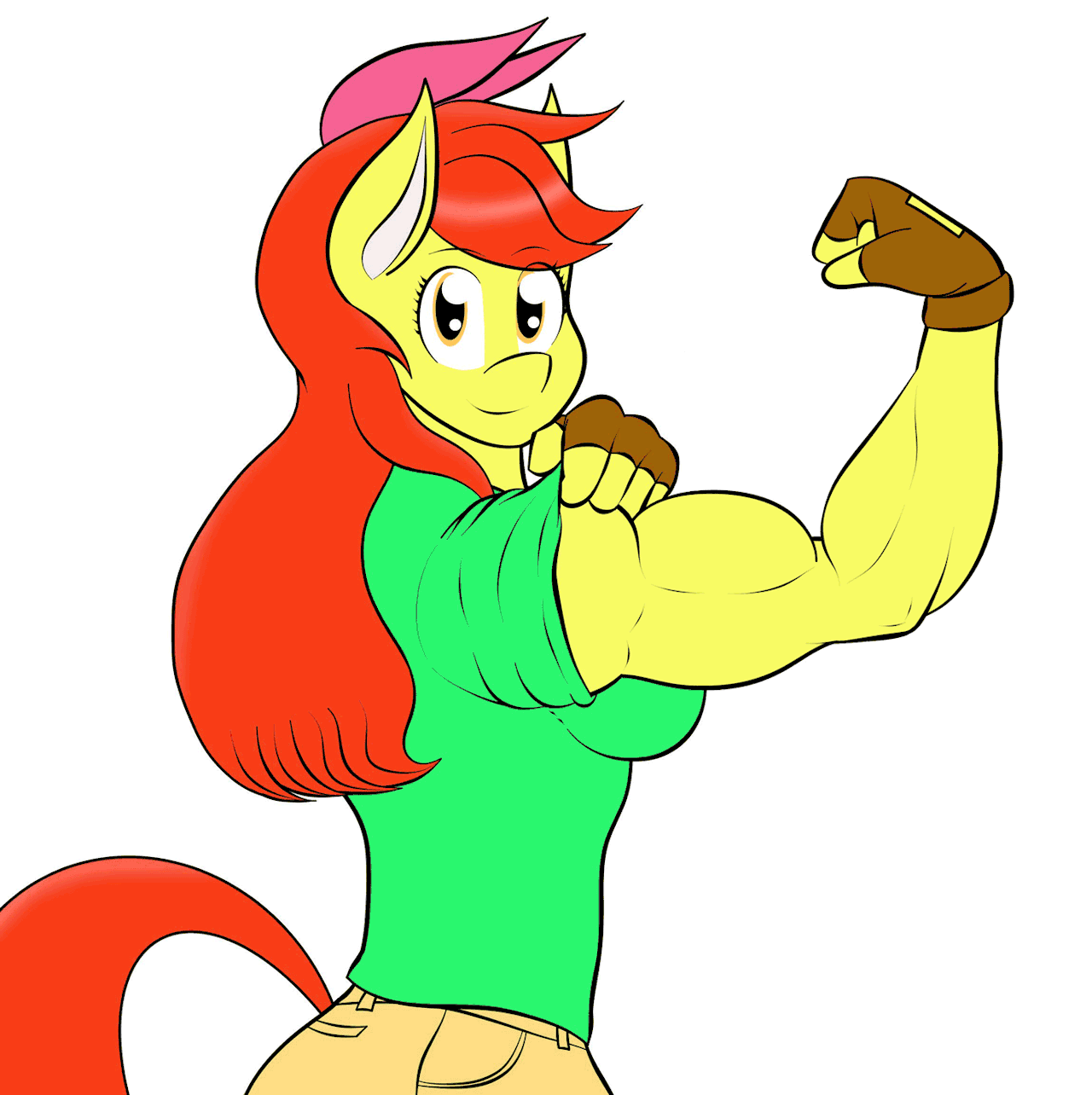 Size: 1280x1284 | Tagged: safe, artist:calm wind, artist:matchstickman, character:apple bloom, species:anthro, species:earth pony, species:pony, animated, apple brawn, biceps, breasts, busty apple bloom, clothing, female, fingerless gloves, flexing, frame by frame, gloves, mare, matchstickman's apple brawn series, muscles, older, older apple bloom, simple background, solo, tumblr:where the apple blossoms, white background
