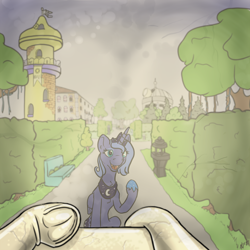 Size: 3000x3000 | Tagged: safe, artist:dombrus, character:princess luna, canterlot gardens, first person view, frog (hoof), inanimate tf, offscreen character, petrification, pov, statue, transformation, underhoof