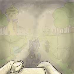 Size: 3000x3000 | Tagged: safe, alternate version, artist:dombrus, character:princess luna, canterlot gardens, first person view, frog (hoof), inanimate tf, offscreen character, petrification, pov, statue, transformation, underhoof
