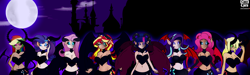 Size: 10000x3000 | Tagged: safe, artist:caoscore, character:applejack, character:fluttershy, character:pinkie pie, character:rainbow dash, character:rarity, character:starlight glimmer, character:sunset satan, character:sunset shimmer, character:twilight sparkle, species:human, g4, my little pony:equestria girls, black sclera, breasts, busty applejack, busty fluttershy, busty mane six, busty pinkie pie, busty rainbow dash, busty rarity, busty starlight glimmer, busty sunset shimmer, busty twilight sparkle, canterlot, cutie mark clothes, demon, elf ears, glowing eyes, horns, humane five, humane seven, humane six, humanized, night, sunset satan