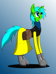 Size: 1500x2000 | Tagged: safe, artist:derpanater, oc, oc only, oc:live "derp" bait, species:pony, species:unicorn, fallout equestria, armor, clothing, female, gradient background, radiation suit, rule 63, saddle bag, scarf, solo