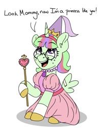 Size: 621x768 | Tagged: safe, artist:pastel-charms, oc, oc only, oc:pansy everfree, parent:twilight sparkle, species:earth pony, species:pony, adopted offspring, clothing, dress, fake alicorn, fake horn, fake wings, female, filly, implied twilight sparkle, simple background, solo, white background
