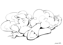 Size: 850x601 | Tagged: safe, artist:iloota, character:pinkie pie, species:earth pony, species:pony, cute, diapinkes, female, frog (hoof), mare, monochrome, simple background, sleeping, solo, underhoof, white background