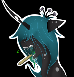 Size: 1197x1249 | Tagged: safe, artist:groomlake, character:queen chrysalis, species:changeling, species:pony, black background, changeling queen, doctor, drool, drool string, fangs, female, hair over eyes, jewelry, open mouth, piercing, regalia, simple background, solo, spots, tongue depressor, tongue out