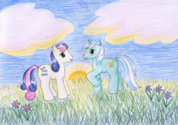 Size: 1024x720 | Tagged: safe, artist:normaleeinsane, character:bon bon, character:lyra heartstrings, character:sweetie drops, species:earth pony, species:pony, species:unicorn, g3, cloud, colored pencil drawing, duo, female, flower, g4 to g3, generation leap, grass, mare, one hoof raised, open mouth, outdoors, sky, standing, sun, traditional art