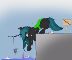 Size: 3008x2504 | Tagged: safe, artist:groomlake, character:queen chrysalis, character:twilight sparkle, species:changeling, species:pony, book, changeling queen, colored, cute, cutealis, female, fish, fishing, gradient background, nymph, offscreen character, origami, reaching, rope, sign, simple, solo focus, spots, tongue out
