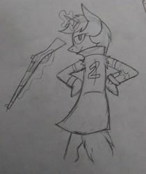 Size: 1800x2142 | Tagged: safe, artist:derpanater, oc, oc only, oc:littlepip, species:pony, species:unicorn, fallout equestria, black and white, clothing, fanfic, fanfic art, female, glowing horn, grayscale, gun, hooves, horn, levitation, looking at you, magic, mare, monochrome, simple background, solo, telekinesis, traditional art, vault suit, weapon, white background