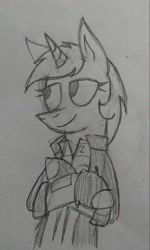 Size: 1163x1939 | Tagged: safe, artist:derpanater, oc, oc only, oc:littlepip, species:pony, species:unicorn, fallout equestria, black and white, clothing, fanfic, fanfic art, female, grayscale, hooves, horn, mare, monochrome, pipbuck, simple background, smiling, solo, traditional art, vault suit, white background