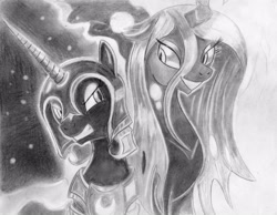 Size: 3210x2490 | Tagged: source needed, safe, artist:tallyburd, character:nightmare moon, character:princess luna, character:queen chrysalis, drawing, traditional art