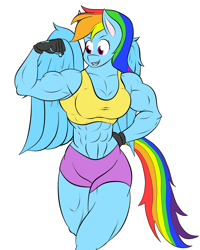 Size: 1145x1433 | Tagged: safe, artist:calm wind, artist:matchstickman, edit, character:rainbow dash, species:anthro, 1000 years in photoshop, abs, armpits, biceps, breasts, busty rainbow dash, cleavage, clothing, female, flexing, gloves, midriff, muscles, rainbuff dash, simple background, solo, sports bra, white background