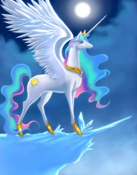 Size: 1175x1500 | Tagged: safe, artist:jacky-bunny, character:princess celestia, species:alicorn, species:pony, backlighting, female, mare, moon, night, solo, spread wings, the last unicorn, wings