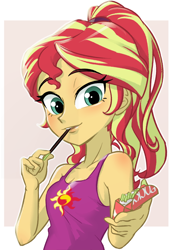 Size: 570x820 | Tagged: safe, artist:ta-na, character:sunset shimmer, my little pony:equestria girls, alternate hairstyle, clothing, eating, female, food, looking at you, pocky, ponytail, sleeveless, solo, tank top